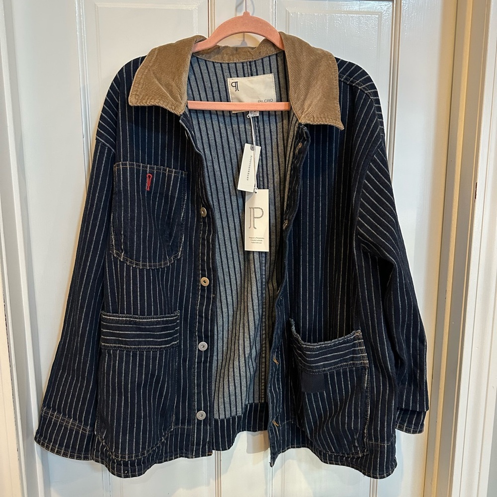 Pilcro Black Pinstripe Jean Jacket with Tan Corduroy Collar - Picture 5 of 7